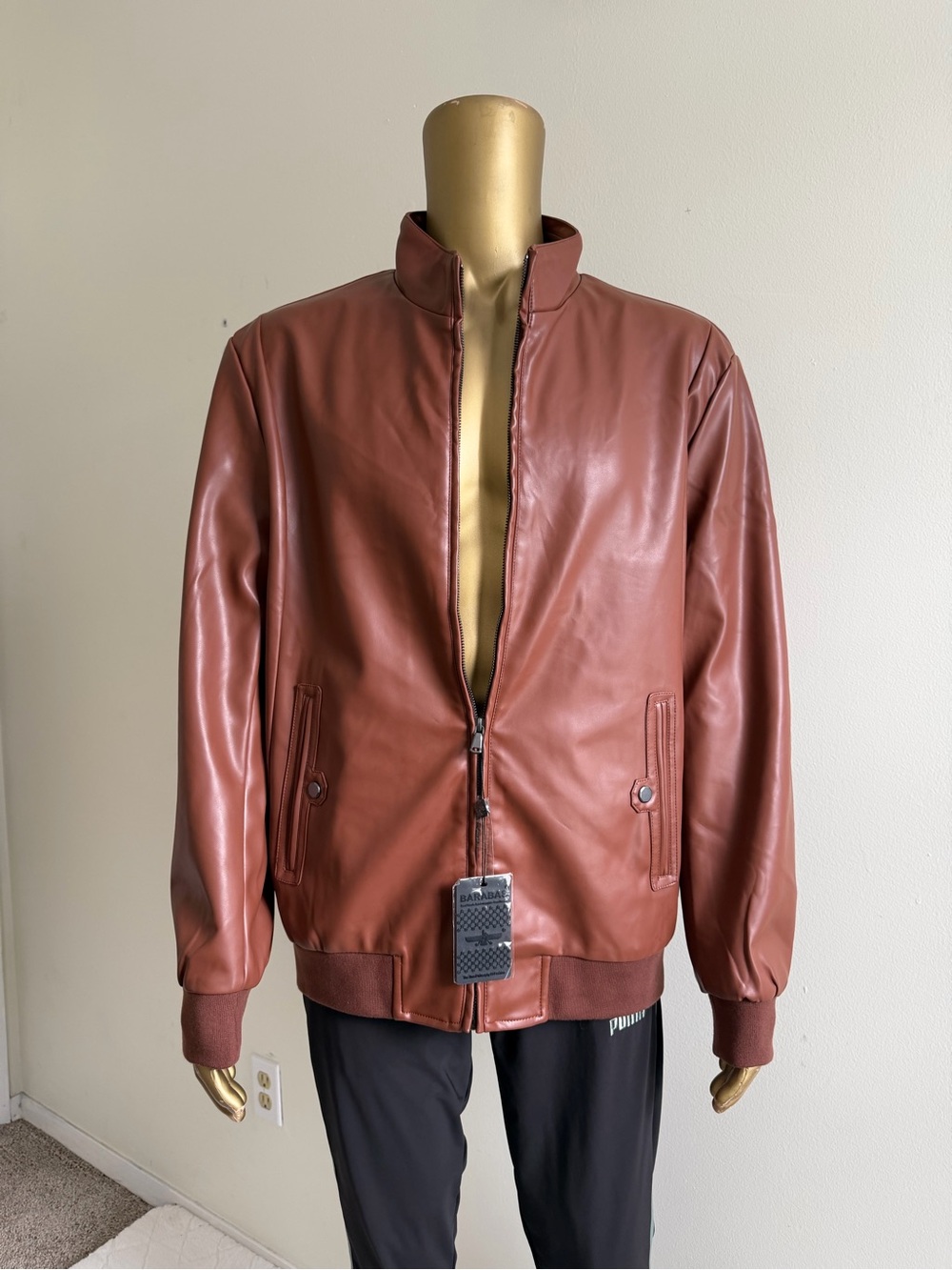 BARABAS Men's Chestnut Brown Leather Bomber Jacket-XL.